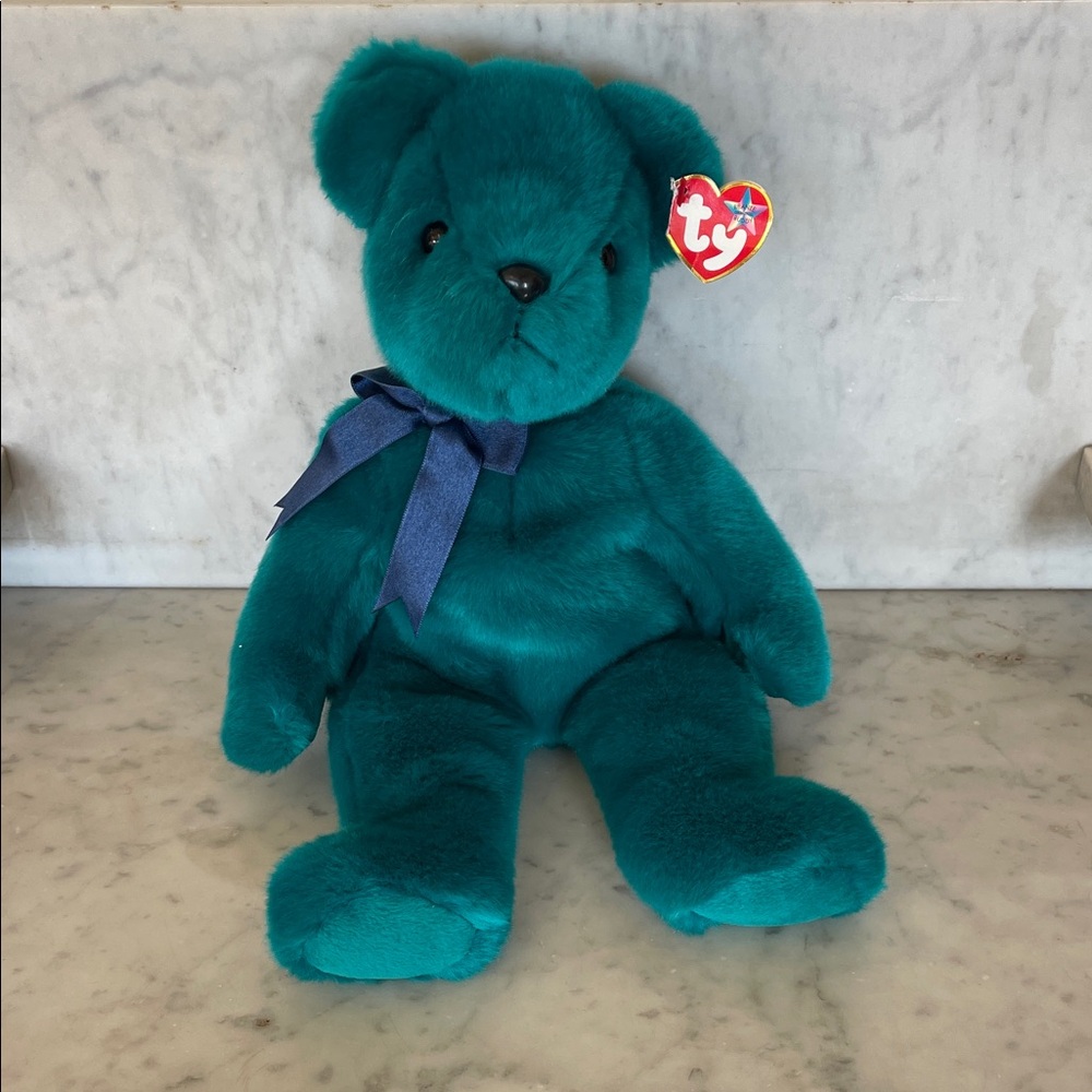 TY Teddy 2000 Beanie Baby Teal Bear Old Face with Navy Ribbon